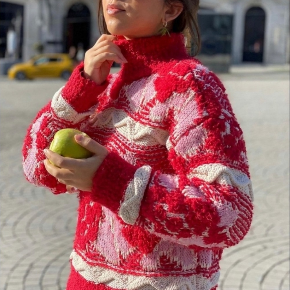 ZARA Jacquard Red and Pink Sweater